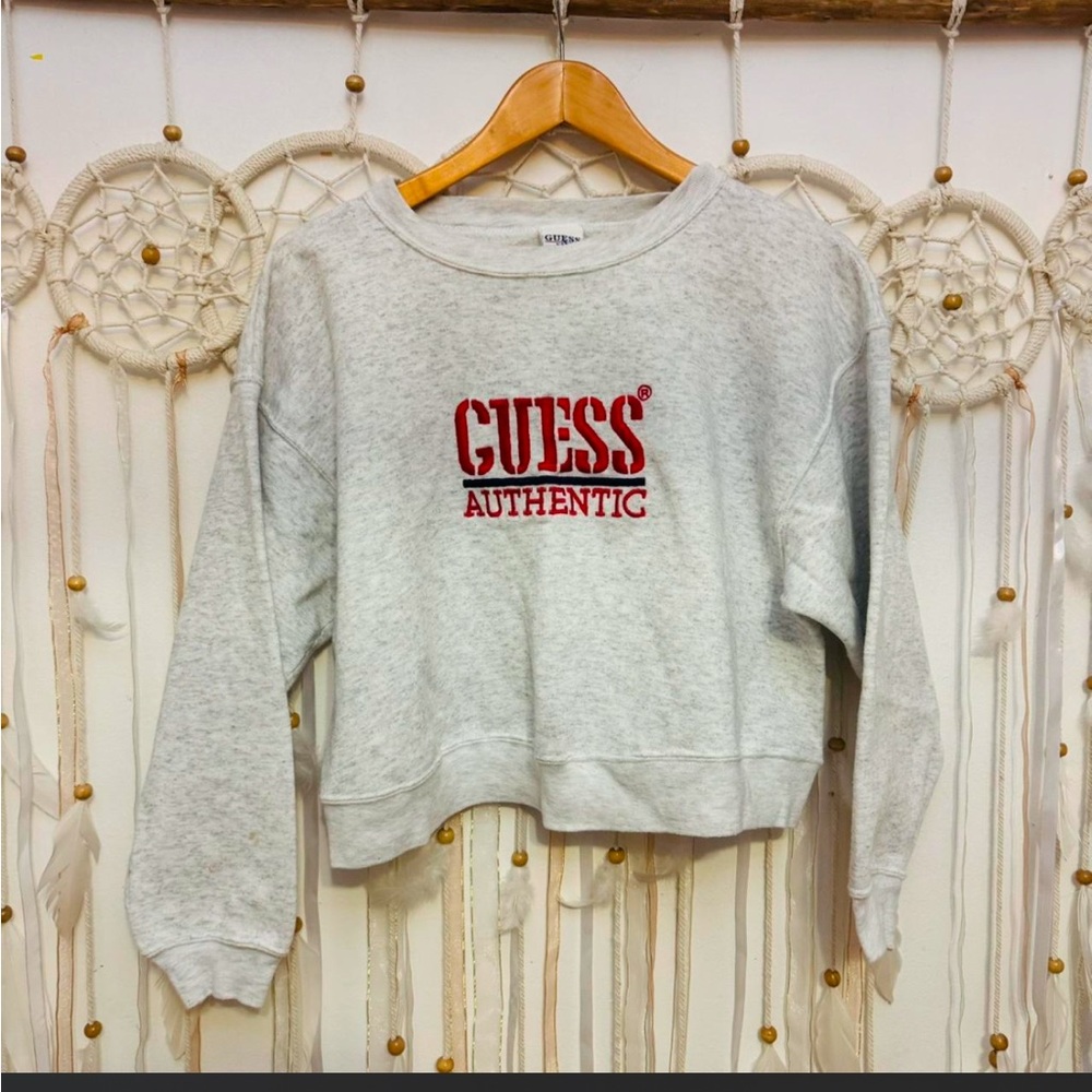GUESS Authentic Women's Light Gray Crewneck Sweatshirt - Red Logo
